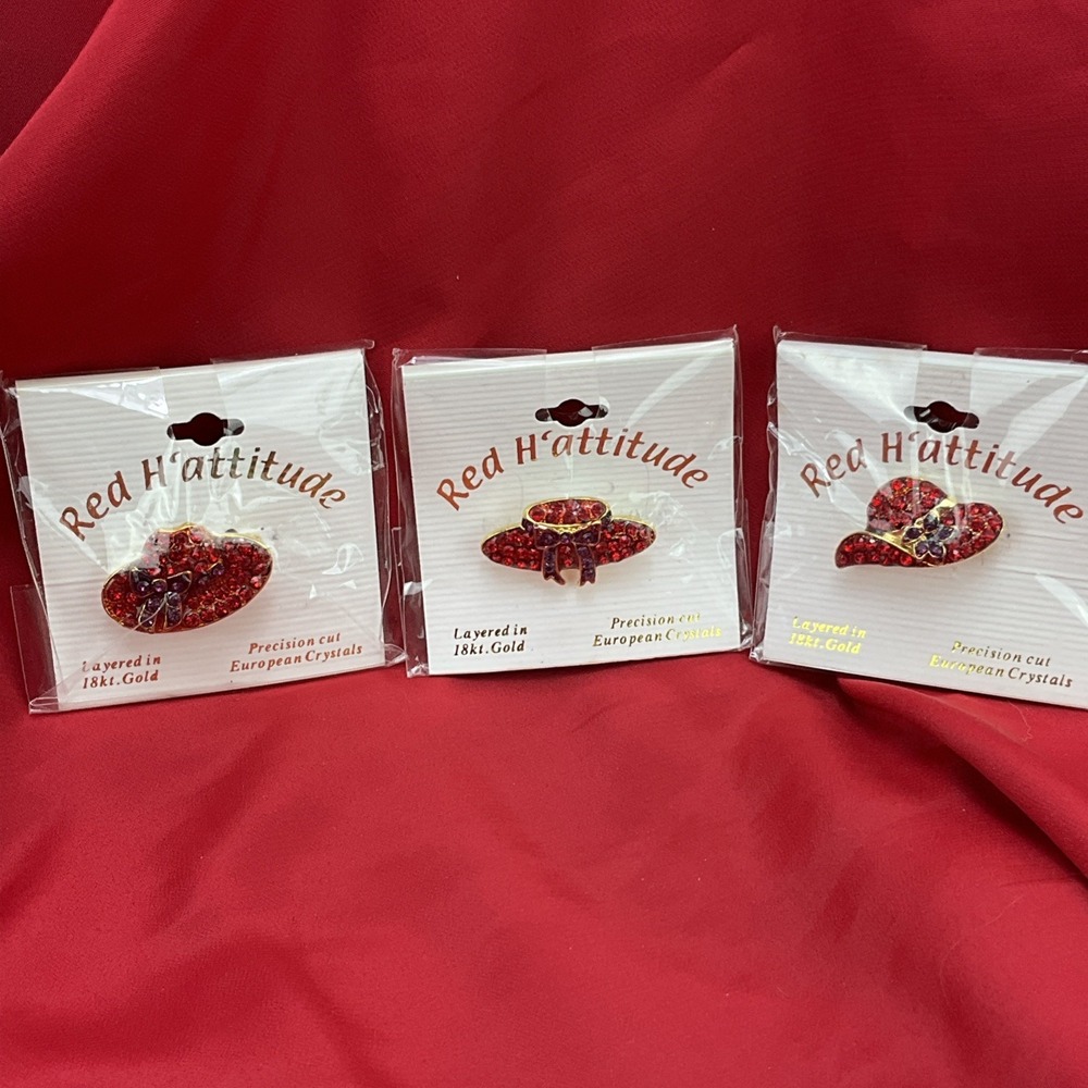3 Red Hat Society Pins Red H’attitude Layered 18kt Gold European Crystals NEW